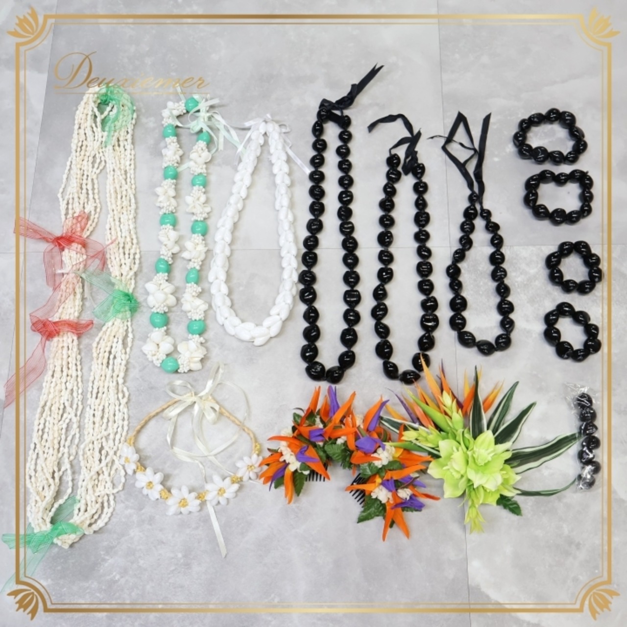 フラダンス 小物 まとめ売り 全13点 セット シェルレイ ククイ チョーカー ヘアアクセサリー ヘアクリップ 花 白 黒 緑 オレンジ 12連 タヒチアン 首飾り 腕飾り シェル リボン バードオブパラダイス レイ