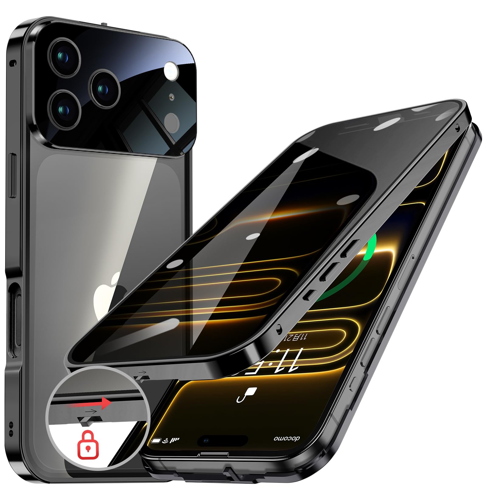 HGUTREY【覗き見防止・自動ポップアップボタン】iPhone17 Pro Max 用 ケース【ロック付き】ストラップホール付き (ブラック)