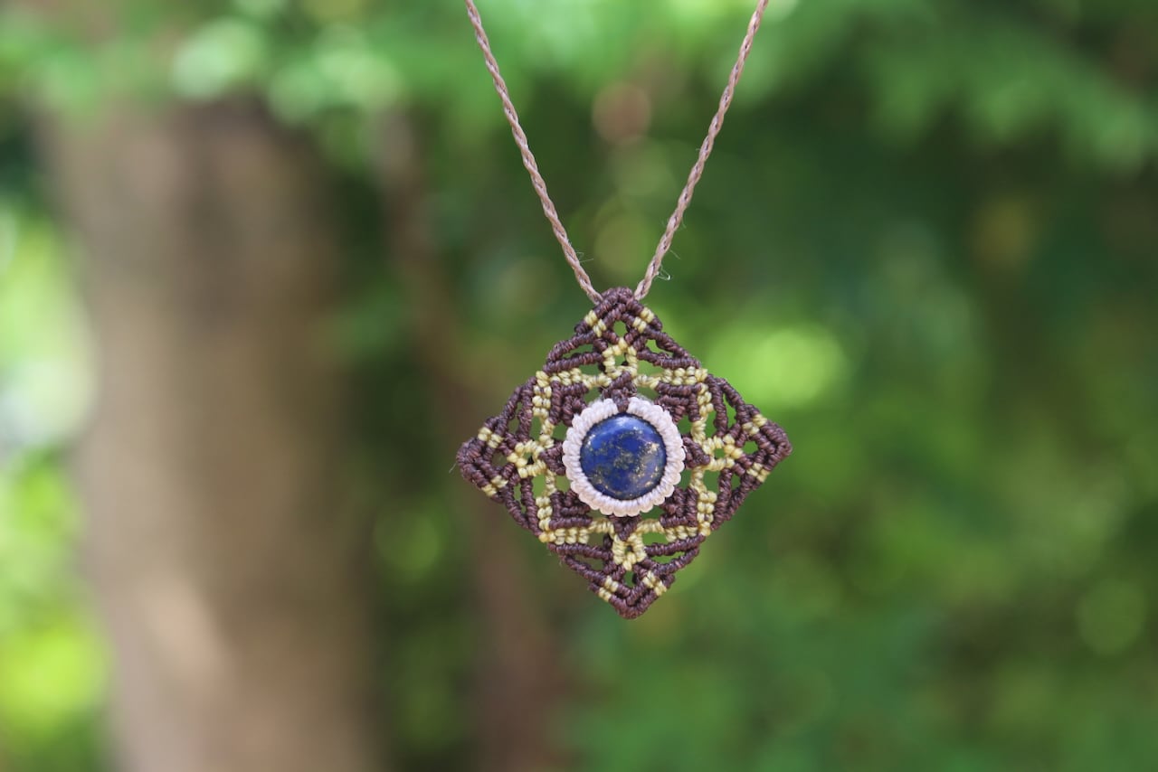 Lapis lazuli micro macrame mandala pendant