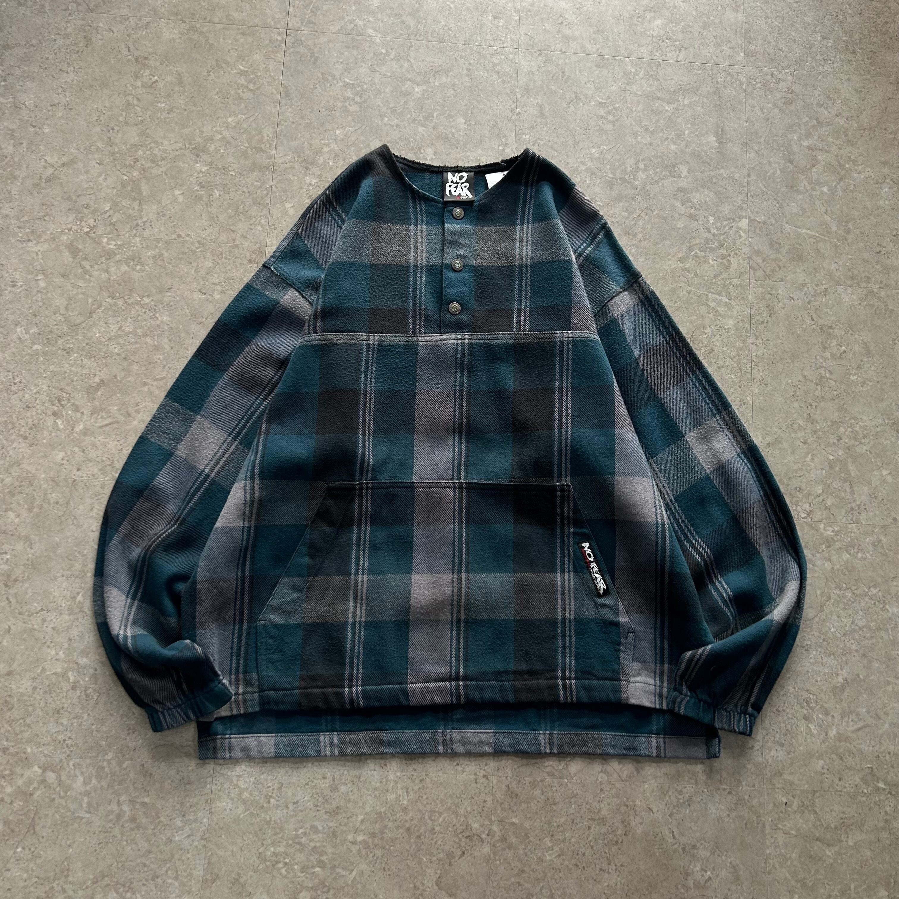 90s NO FEAR check henry neck pullover shirt【仙台店】