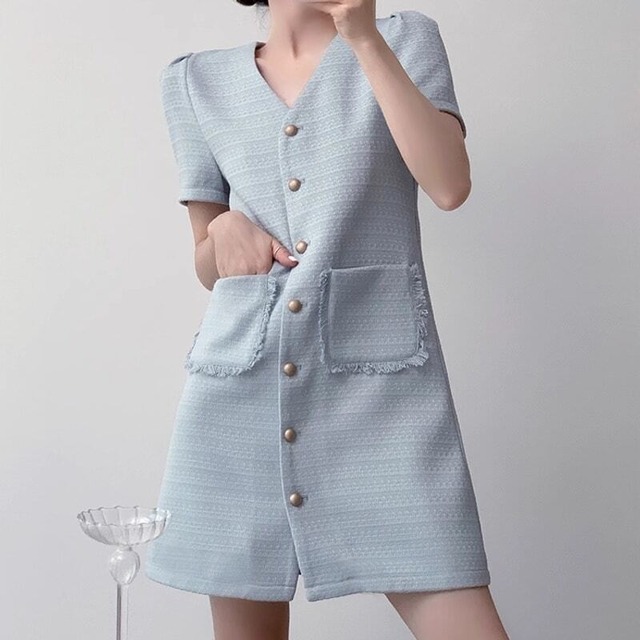 Blue tweed mini dress　B615
