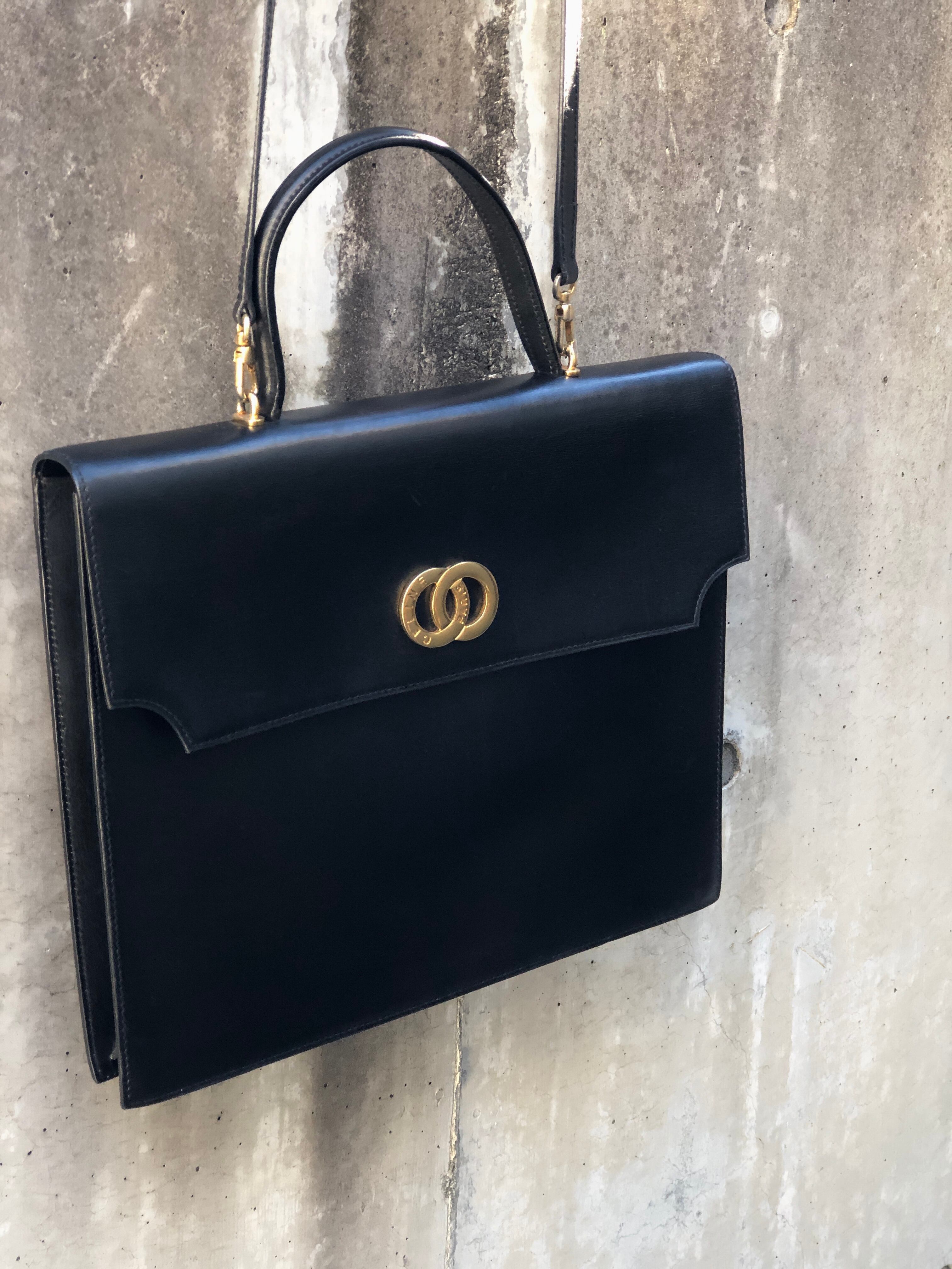 CELINE セリーヌ ダブルサークル 2way レザー ショルダーバッグ ハンドバッグ ビジネスバッグ ブラック vintage ヴィンテージ オールドセリーヌ a24msd | VintageShop solo powered by BASE