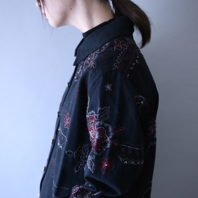 "刺繍" flower art pattern beads decoration box silhouette cotton shirt jacket