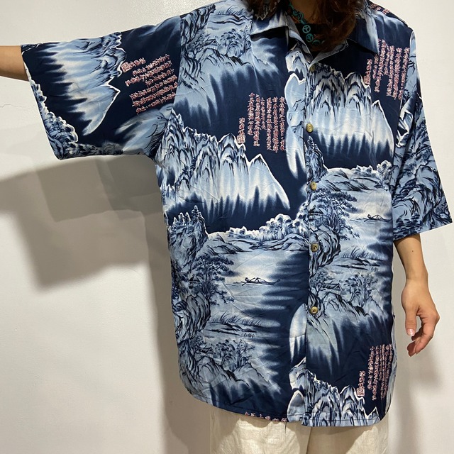 『送料無料』90s 総柄ポリシャツ　チャイニーズアート　漢字漢文　オープンカラー　3XL