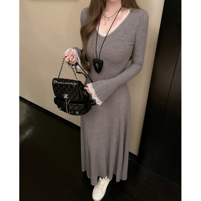 全3色/Lace trim knit long dress　B718