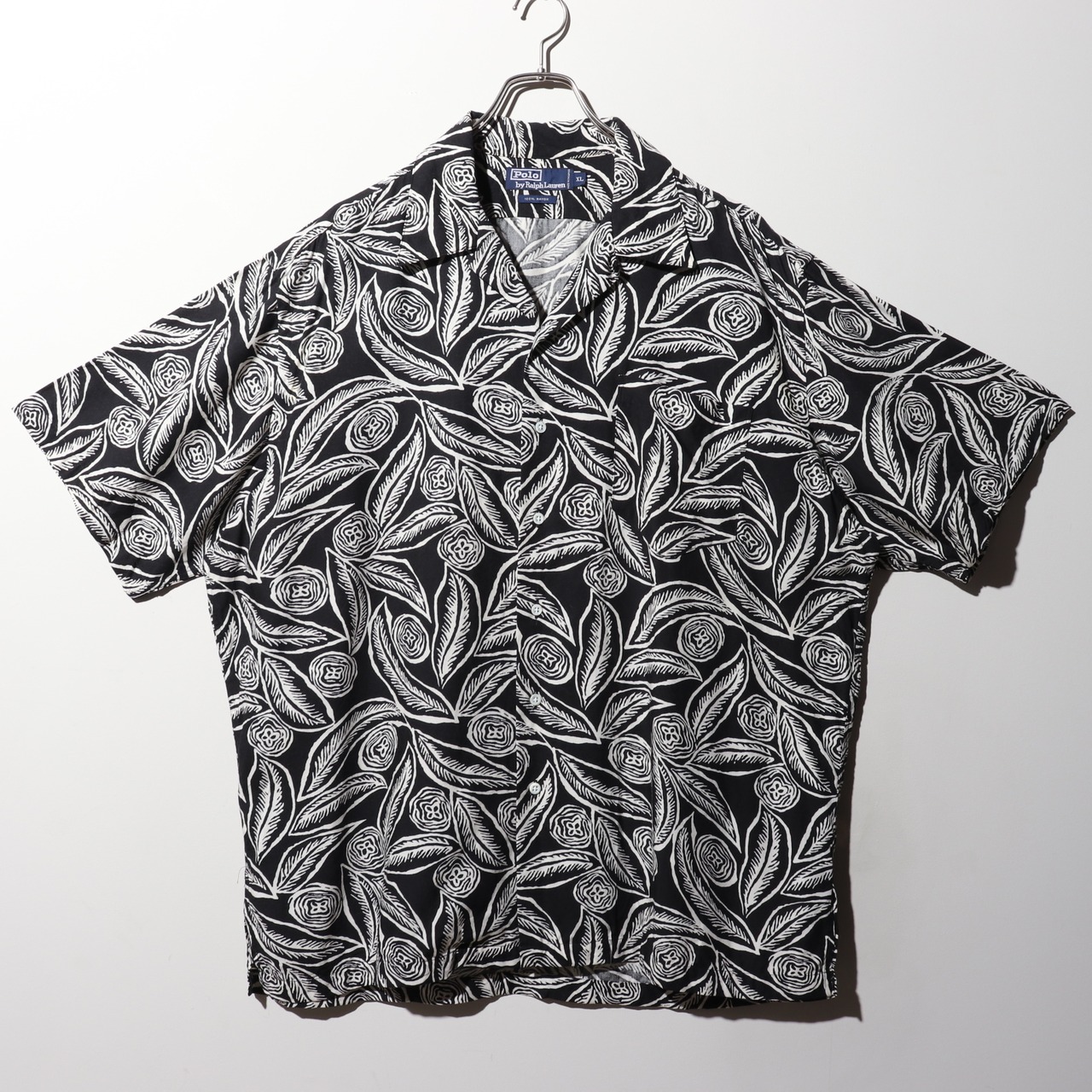 極美品 XL レーヨン ポロラルフローレン 黒 総柄 半袖開襟シャツ ブラック
