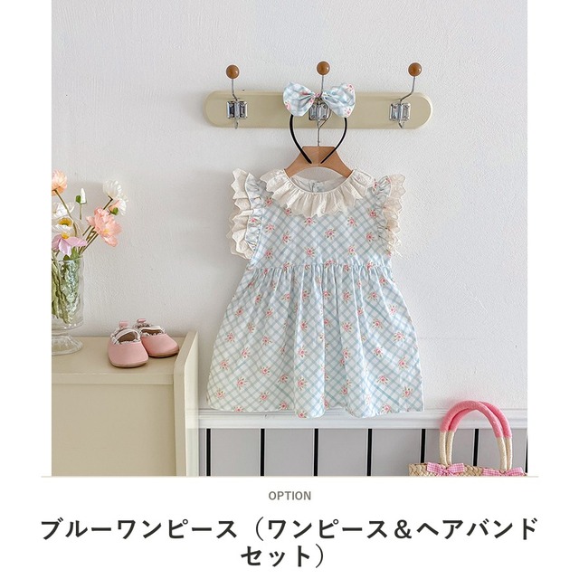 【姉妹服】小花柄チェックロンパース/ワンピース - 3