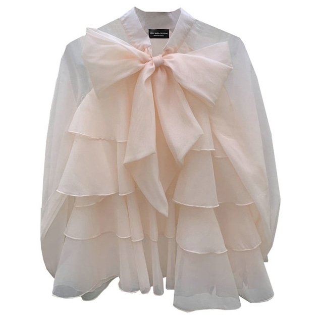 STAND COLLAR BOW FRILL LAYERED BROUSE 3colors M-4734