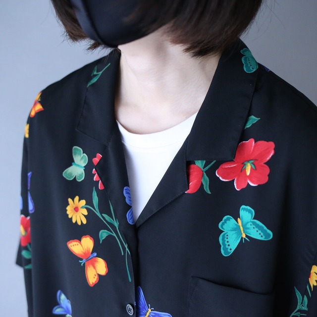 "花×蝶々" colorful art pattern loose silhouette open collar h/s shirt