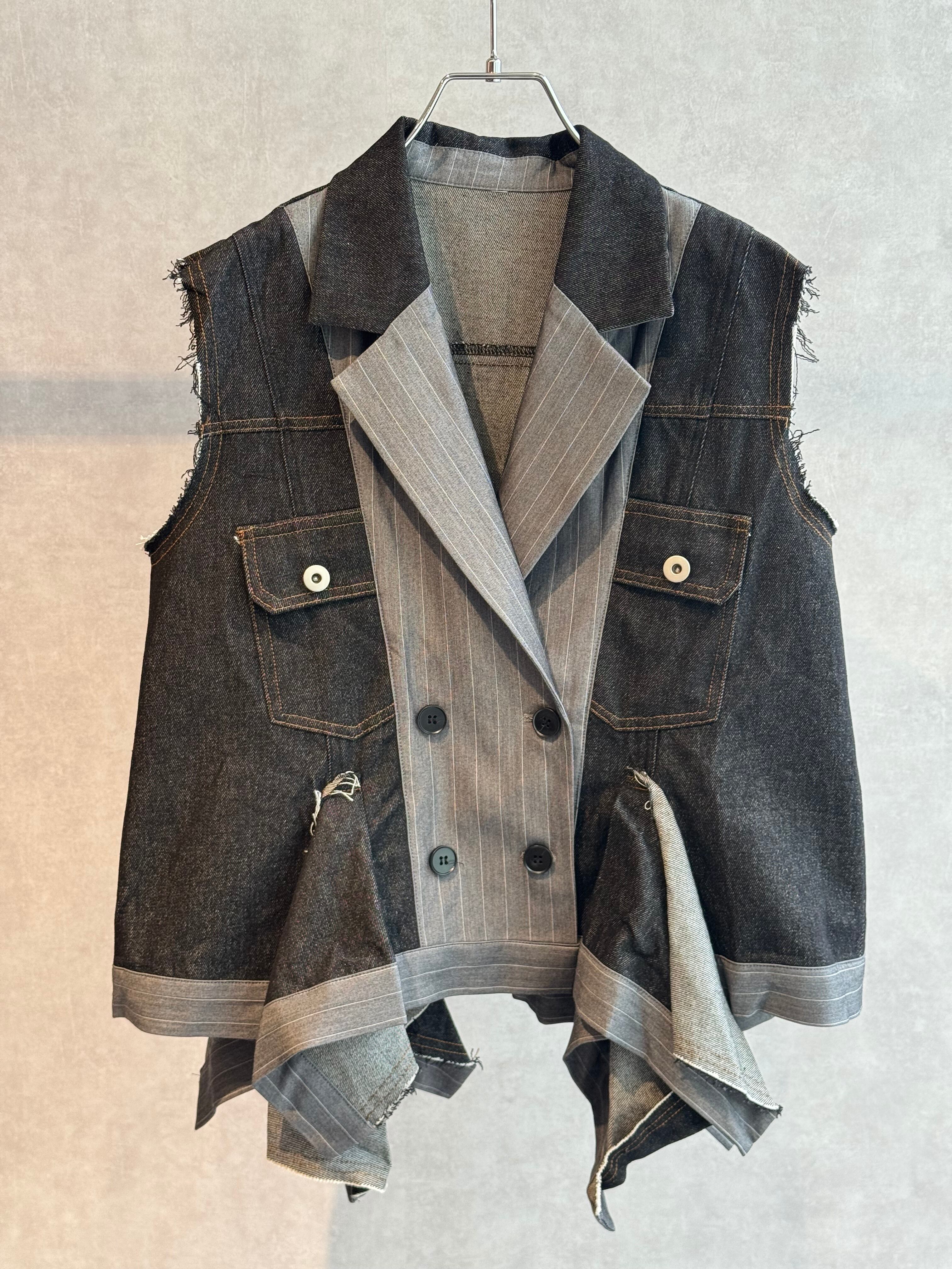 stripe docking irregular hem denim vest