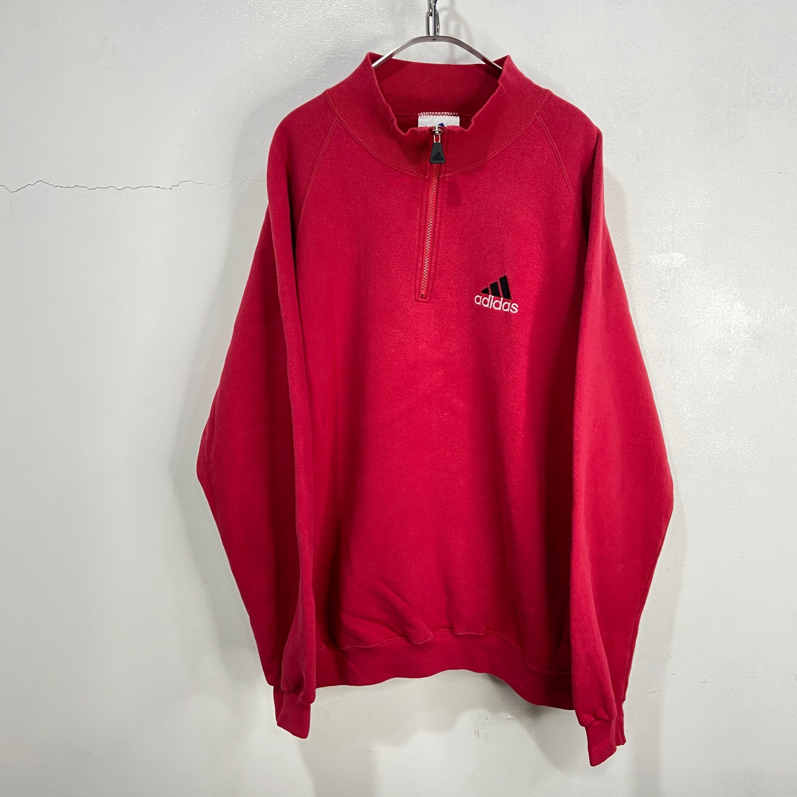 adidas 90s ハーフジップスウェット ワンポイントロゴ USA製 赤 | 古着  
