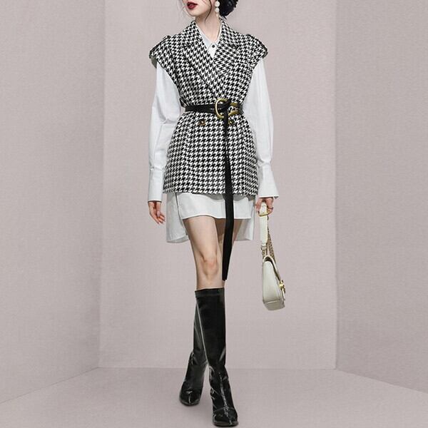 新作 21年 秋冬新作 セットアップ レディース 2点セット レイヤード 重ね着 ワンピースドレス シャツワンピース 長袖 シャツワンピ 白シャツ ワンピース ミニワンピース ベスト レディース テーラードベスト ロングベスト 千鳥格子 千鳥柄 モノトーン 白 黒 大人 P7916