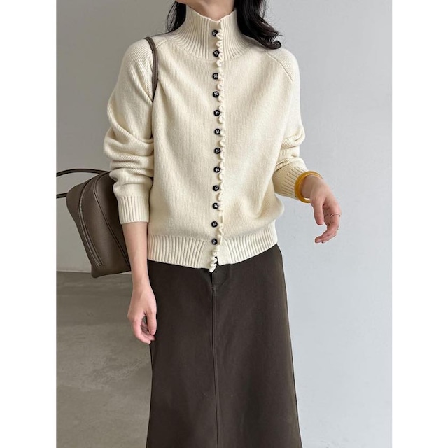 wavy-ruffle high-neck knit cardigan
