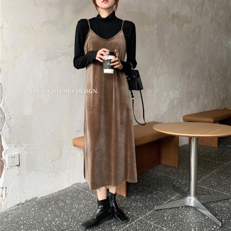 ドレス ウィンタースタンダードベルベットスカート ロング レトロ 冬物 YY-ファッション90174669495