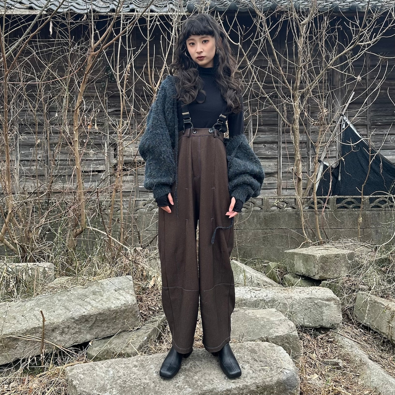 2025くしゅモック指穴knit/ブラック