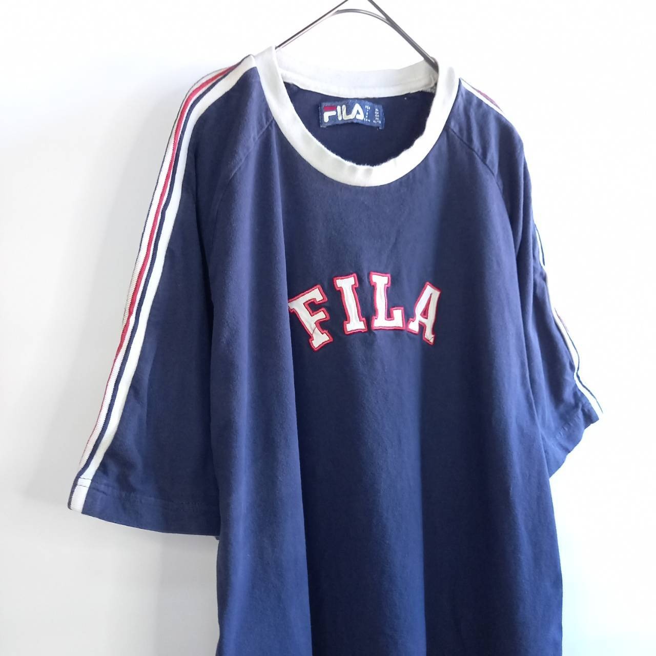 90s　オールド　フィラ　ラグランTシャツ　半袖　ストライプ　刺繍ロゴ　紺　XL