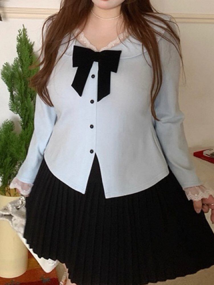 視線集める愛されスタイル 配色リボンVネックトップス 大人可愛い お洒落 着映え レース リボン バイカラー Vネック カジュアル きれいめ デート 細見え 大きいサイズ 韓国 CH11538