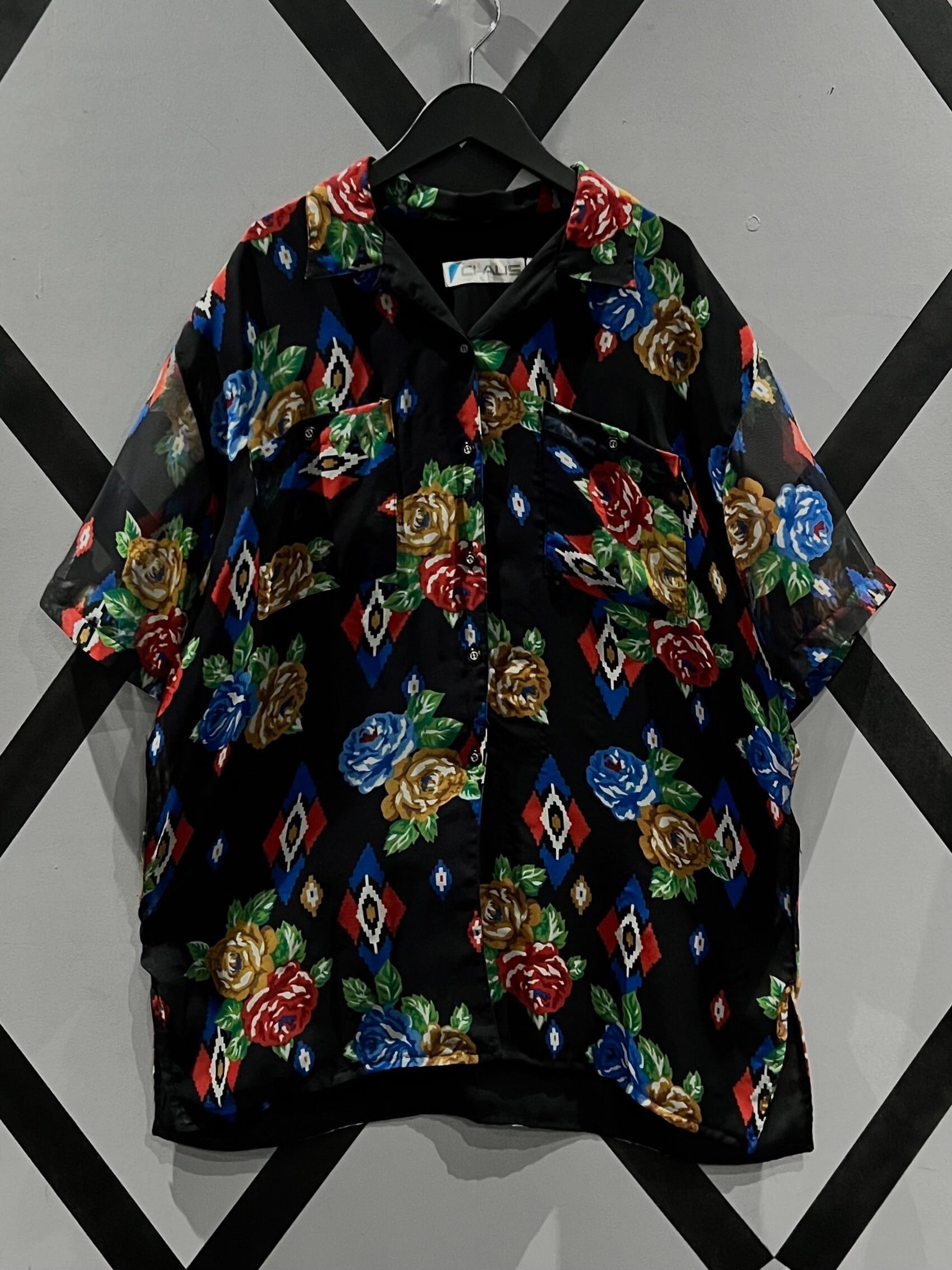 X VINTAGE】Native × Flower Pattern S/S Open Collar Sheer Shirt 