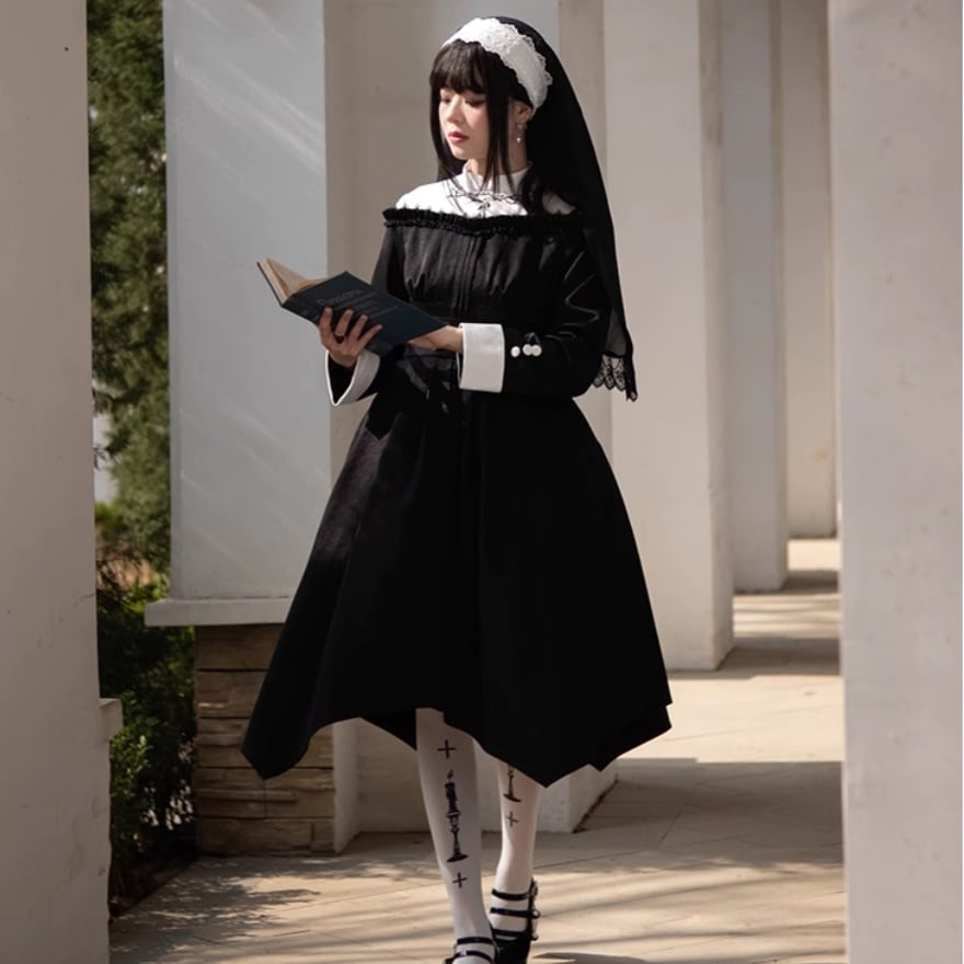 ゴスロリ通販 With U ゴスロリ 修道女 シスター 刺繍 アシンメトリー丈
