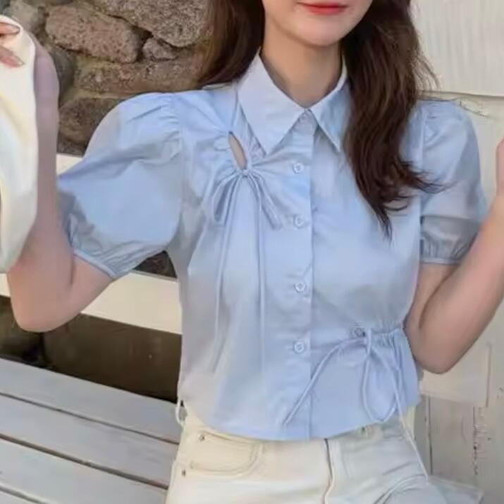 リボンデザインパフスリーブシャツ