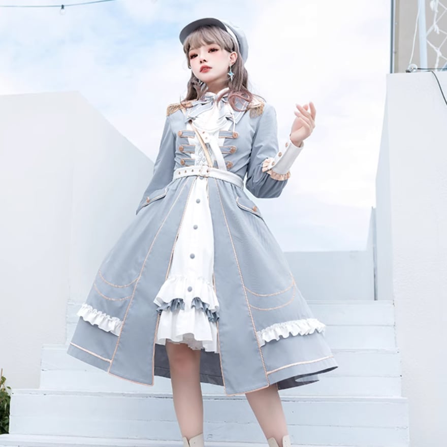 【即納M】 【ミリロリ】軍服ロリータ ワンピース ロングコート風 水色 金装飾 徽章/ベルト付 クラシカル 軍ロリ