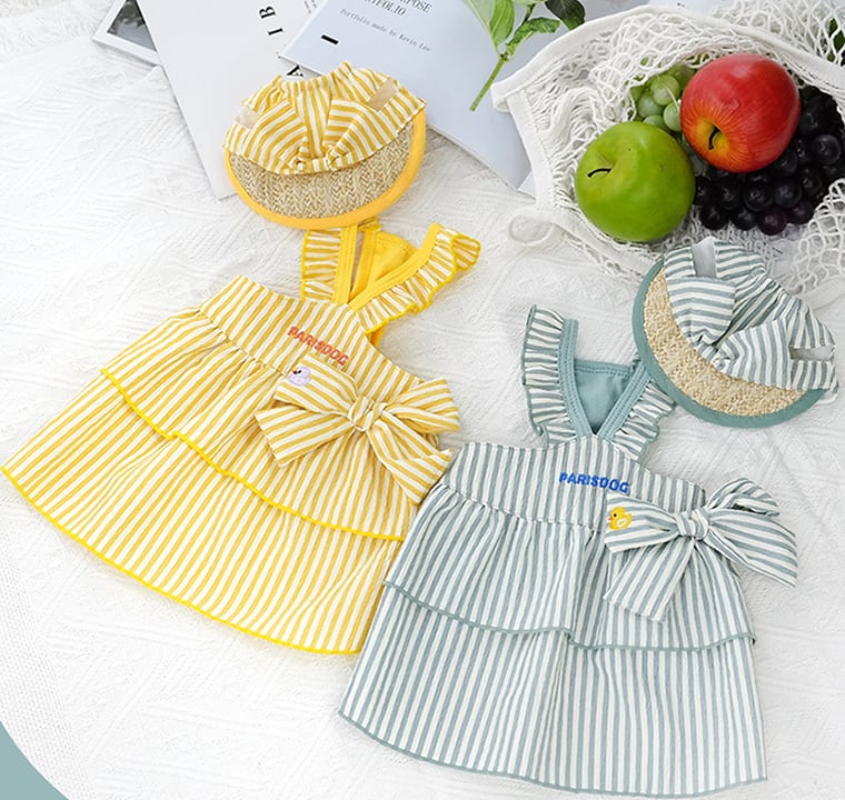 【予約商品5％OFF】butter stripe frill onepiece set S ~2XL 2color r / 犬服 新作 春夏 麦わら帽子 セット お揃い 袖なし 涼しい フリル ドッグウェア ドレス 可愛い 犬の服 ワンピース