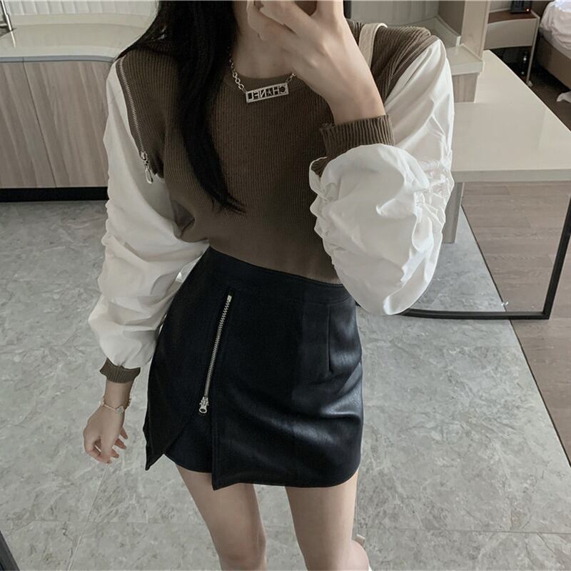 フェイクツーピースステッチジッパーオフショルダー長袖セータートップス女性2020年秋新デザインセンスアウターセーター ブラックストロベリース4231725433