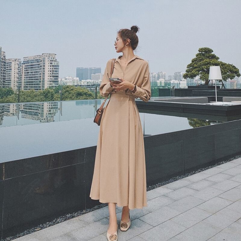 即納品】テラコッタカラーが可愛い♪ シンプル ロングシャツワンピース