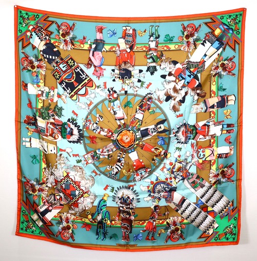 HERMES　エルメス　カレ90　カチナ　Kachinas　シルクスカーフ　大判ショール　民族　オレンジ系　マルチカラー　23-6060