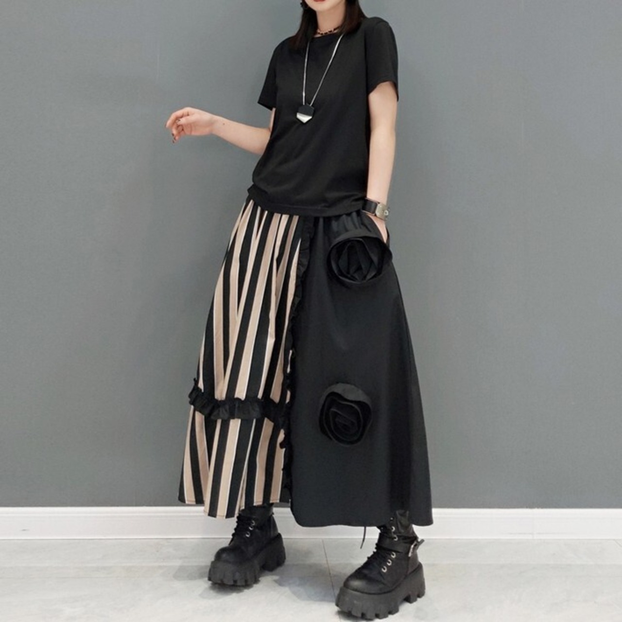 Patchwork Striped Flower Skirt / パッチワーク ストライプ フラワー スカート