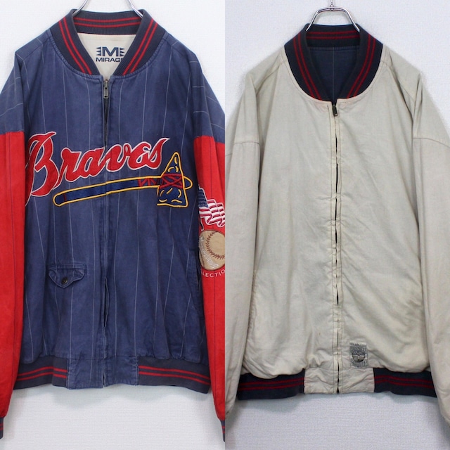【Caka act2】"Reversible" "ATLANTA BRAVES" Patch Design Vintage Loose Varsity Jacket