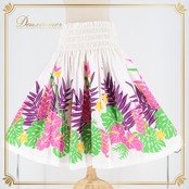 フラダンス 衣装 パウスカート エムエムジェイ ホワイト系 MMJ 日本製 プルメリア柄 モンステラ柄 カラフル シングル シンプル かわいい 華やか 鮮やか 明るい 白 緑 紫 黄 ピンク ハワイアン アロハ ハワイアンプリント フラ ダンス レッスン 練習