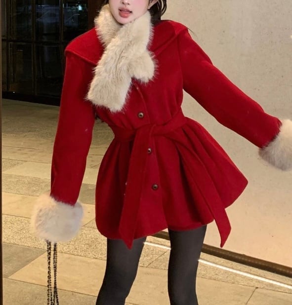 2色♡ティペット+袖ファー付きAラインミドル丈コート