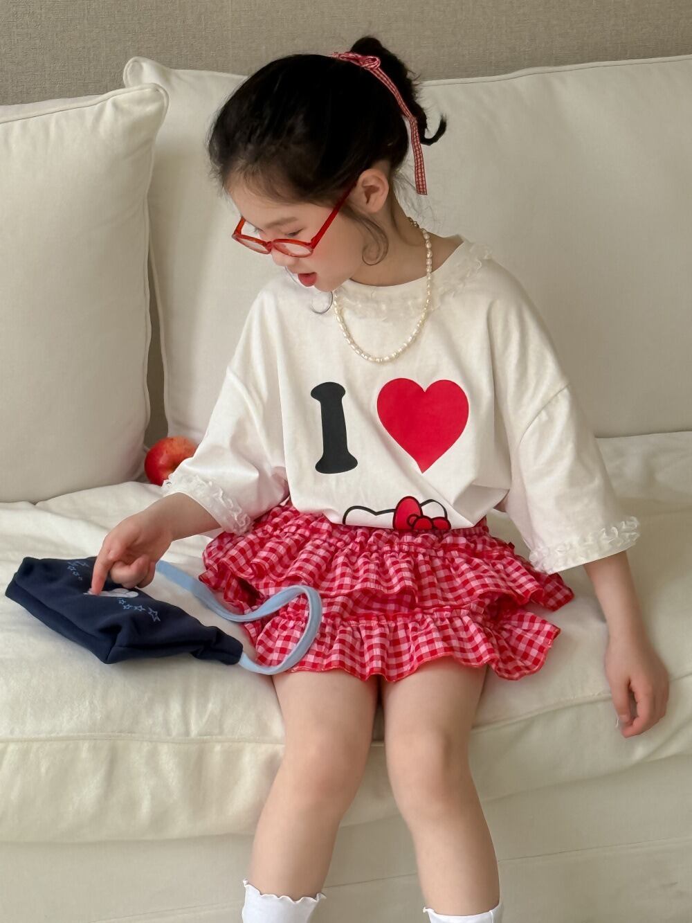 取寄》チェック柄ティアードフリルスカート （レッド／スカイ） KMAI