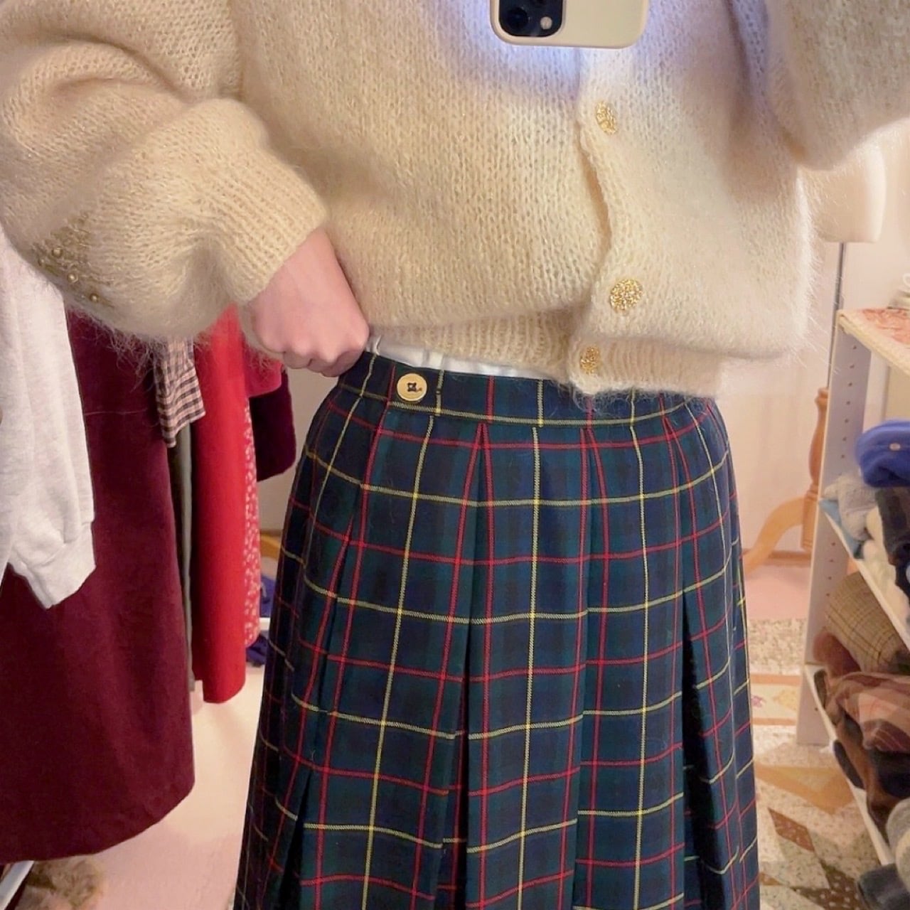 green check gold button skirt