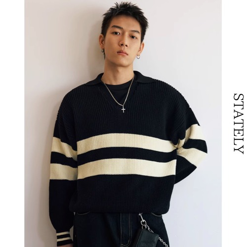 Border Knit Polo Sweater/3color_T232 画像