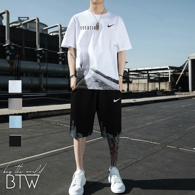 【韓国メンズファッション】Tシャツ×ショートパンツ コットンセットアップ カジュアル ストリート スポーティ ユニセックス BW2503