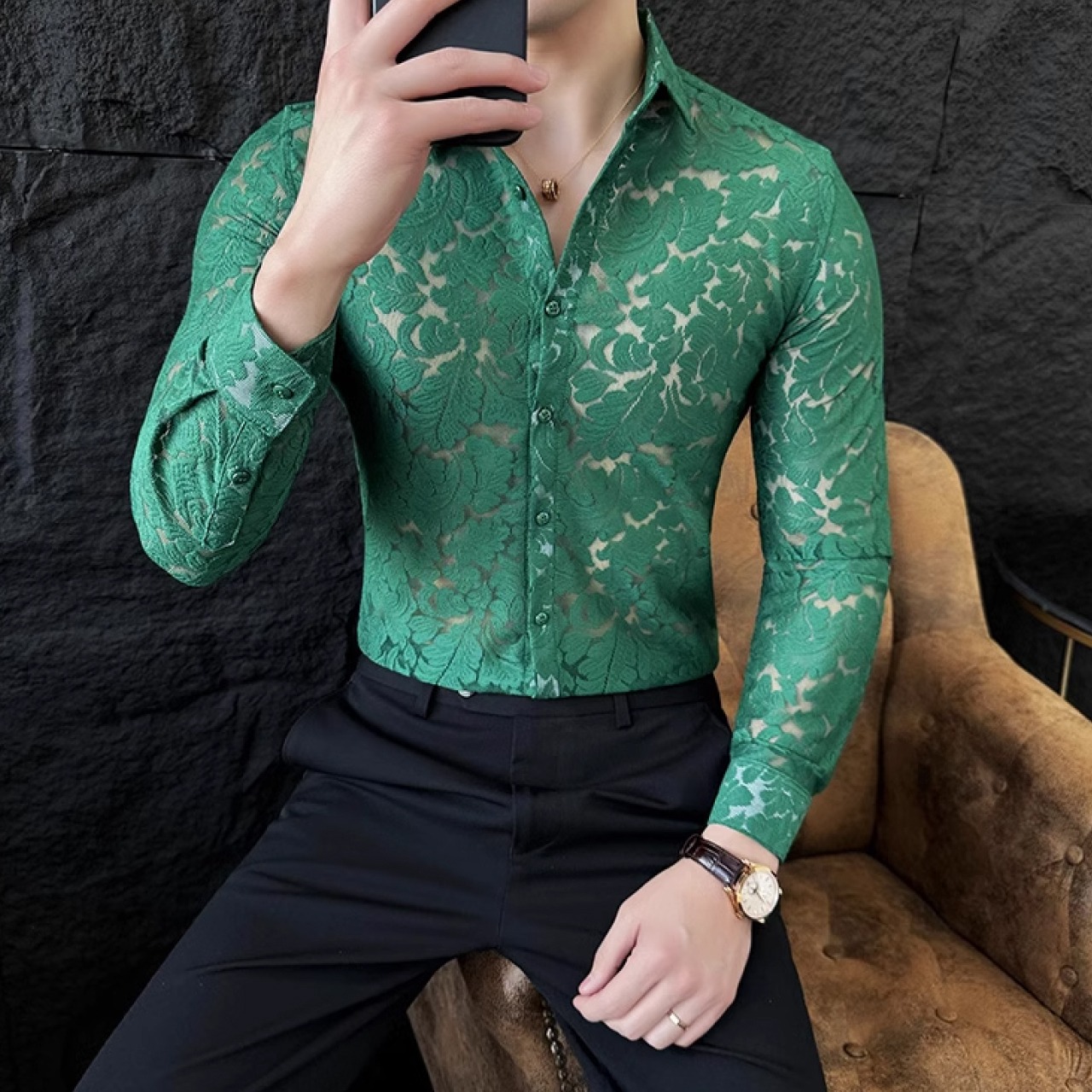 春夏にぴったりな半透明のレースデザインハンサムシャツ　SH006