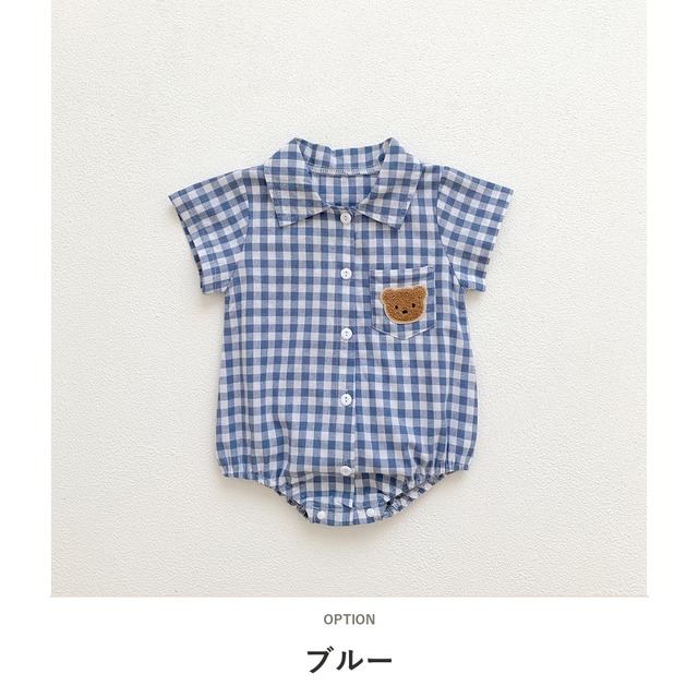【BABY】くまパッチチェック半袖シャツロンパース - 4