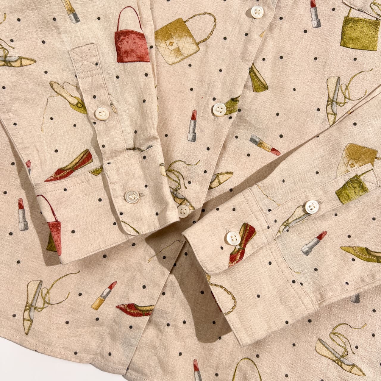 リネン100% Mademoiselle NON NON マドモアゼルノンノン ファッション 総柄 長袖 シャツ L/ベージュ系 レディース