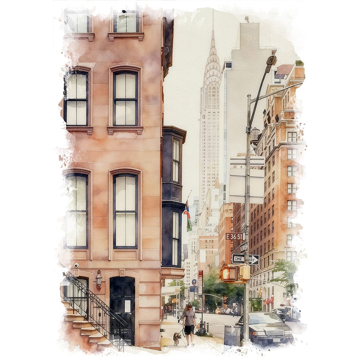 絵画 風景画(街並み) アメリカ ニューヨーク クライスラービルディング インテリアアート額付き 水彩画・油絵調 WAT0582