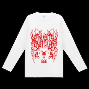 ★【lunalyオリジナル】666GOATSKULL DEATHMETALロゴテイストホワイトレッドTシャツ（ori_0081）