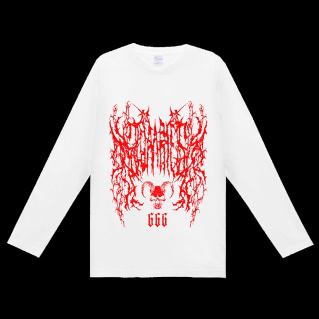 ★【lunalyオリジナル】666GOATSKULL DEATHMETALロゴテイストホワイトレッドTシャツ（ori_0081）