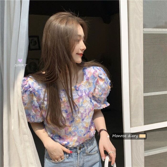 Flowerデザイン シャツ スタンダードショートトップス サマー レトロ 夏物 フラワーデザイン モンロー38313899524
