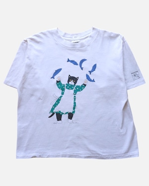 【古着】ジャグリング魚!! エプロンハチワレ猫 T