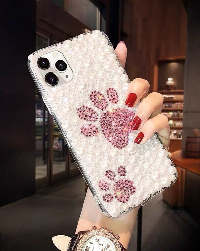 パール×ピンク肉球 ラインストーン iPhoneケース スマホケース