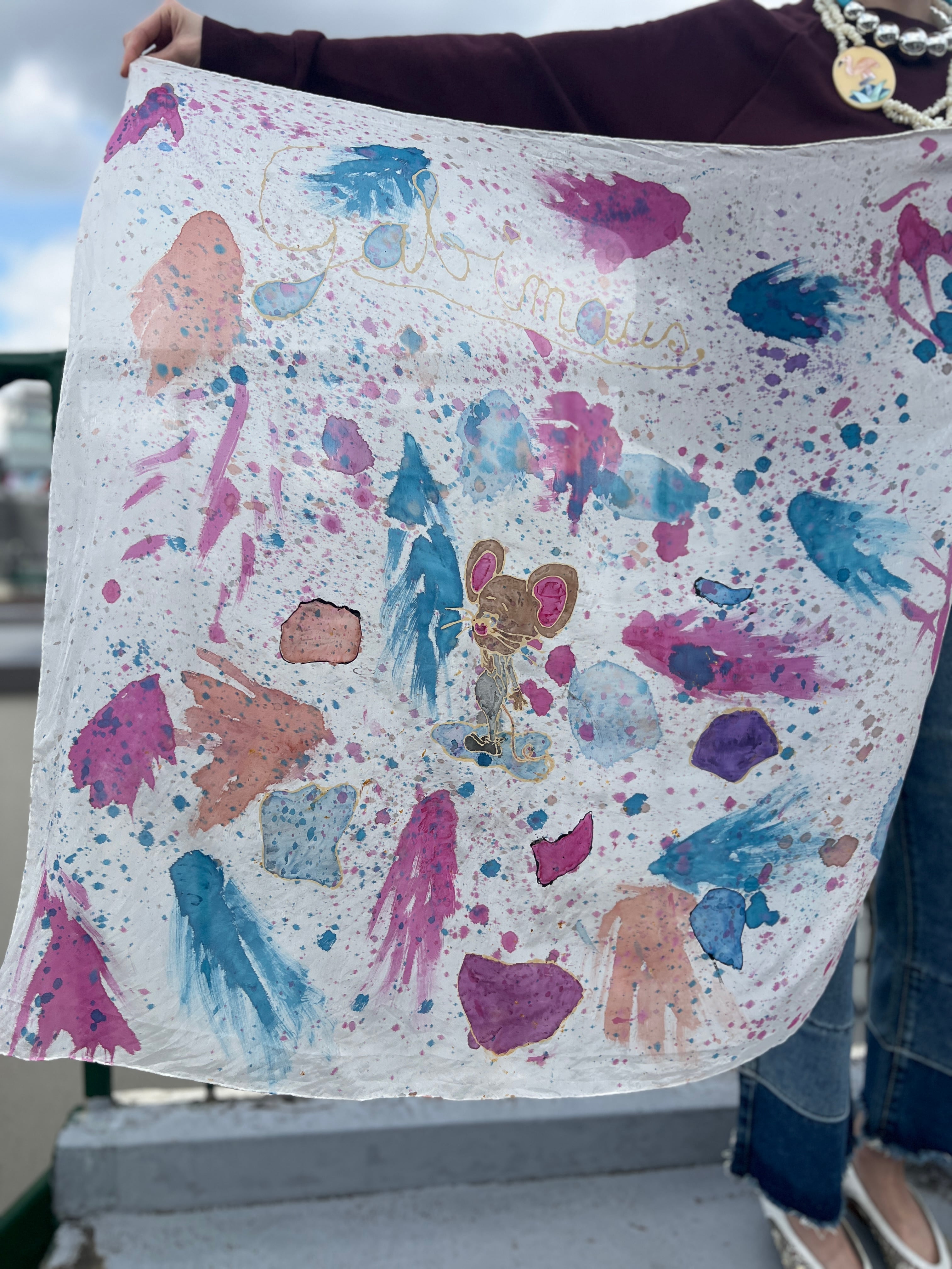 Vintage white silk " Mouse" art scarf