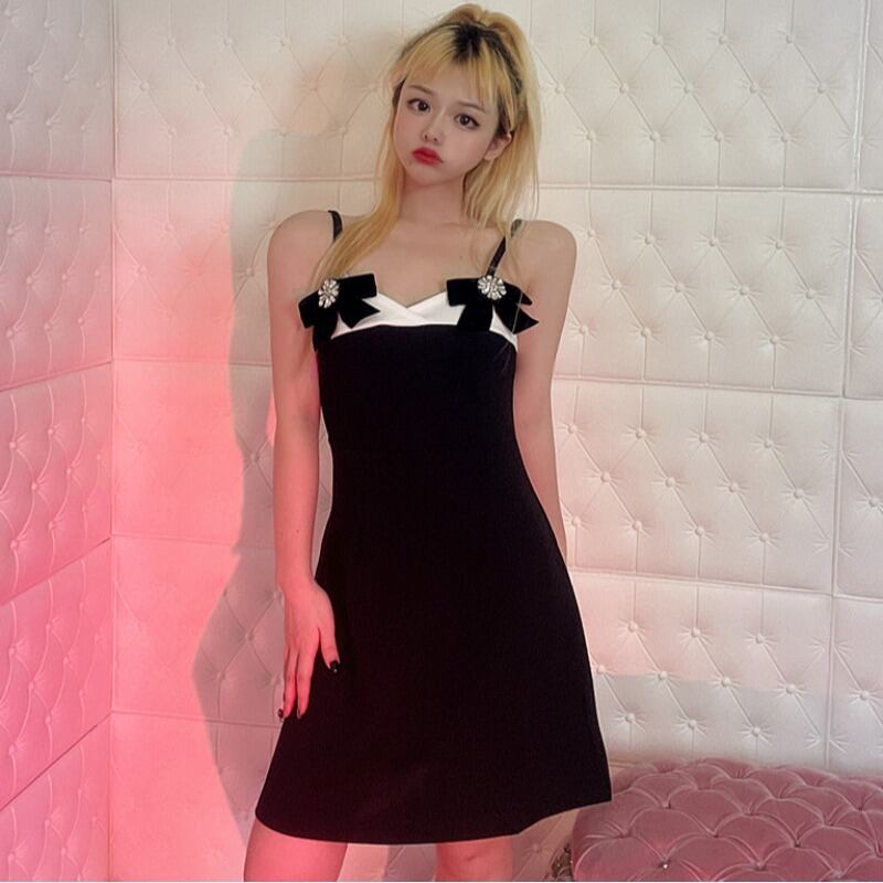 リボンブラックドレス サマーAライン 大人ガーリー スウィート キュート カジュアル 夏物 ハンチェンe82638132965