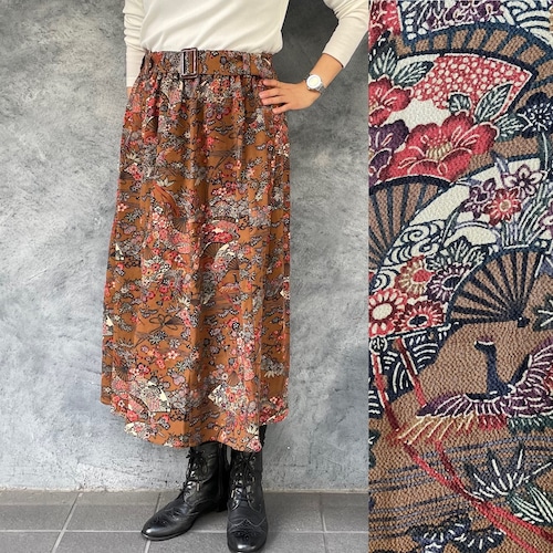 着物リメイクギャザーロングスカート - kimono elastic waist skirt