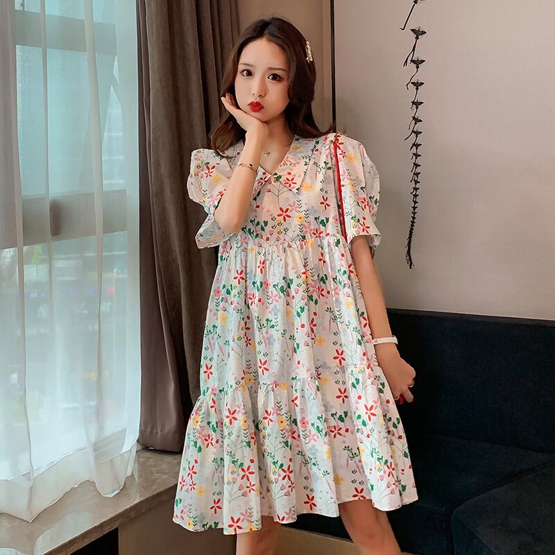 【新作】【送料無料】 マタニティウェア2020夏の新しい綿とリネンの花柄の人形の襟のドレス、年齢を減らすミドル丈のファッションマタニティドレス-アリババ コットン サマー 夏物 expec294014164280